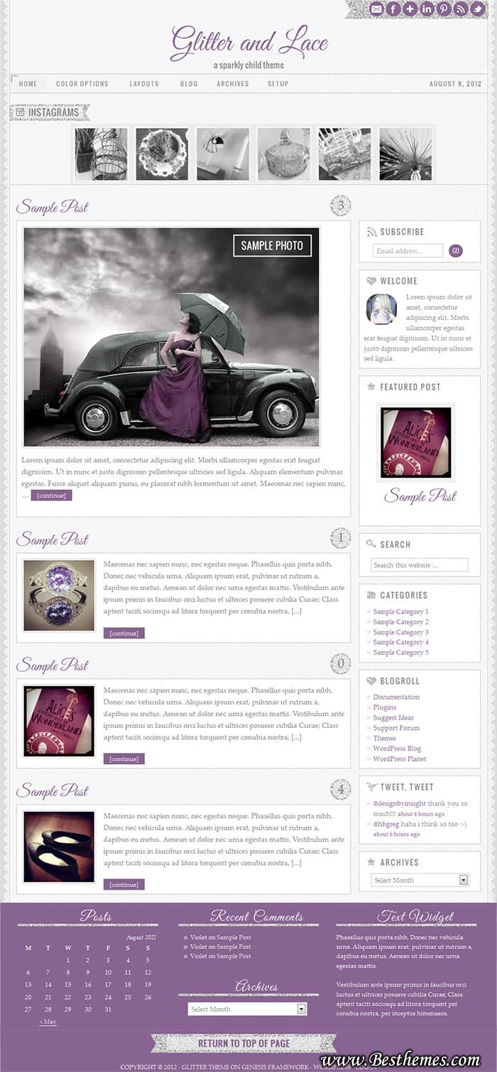 Glitter and Lace Premium Genesis Child Theme From StuidoPress Best Vintage WP Theme, Best Instagram WP Theme