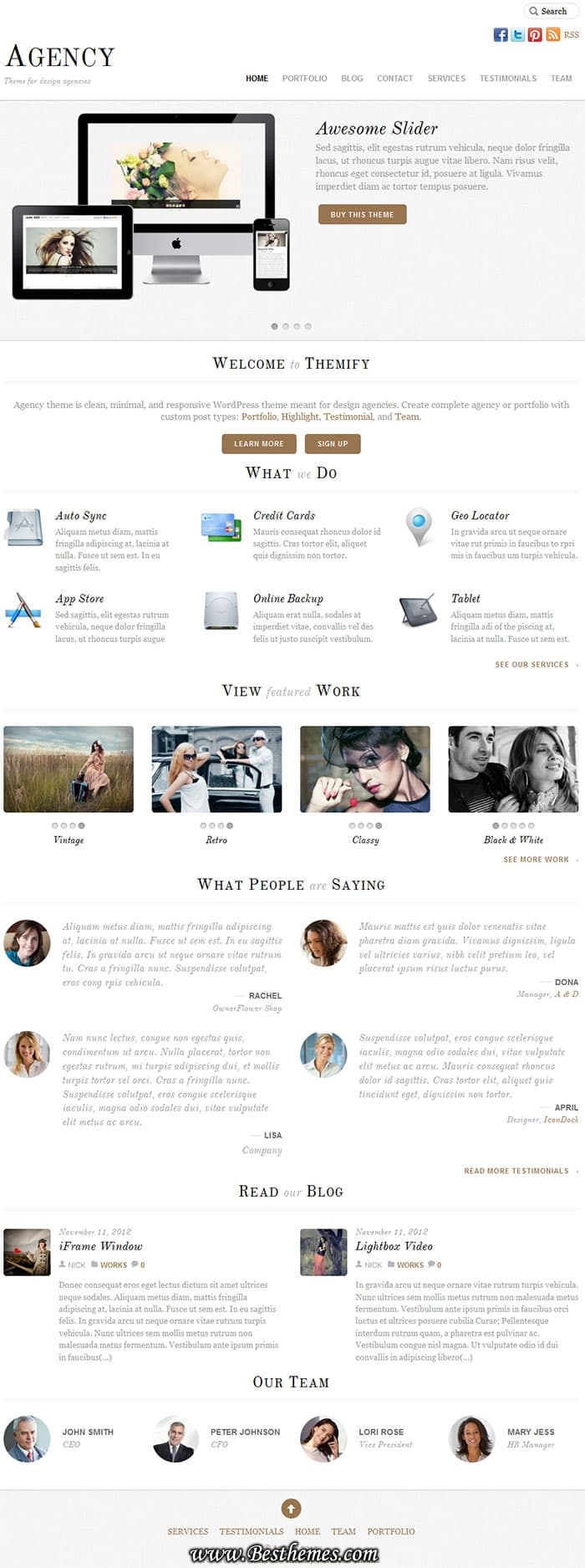 Download Agency WordPress Theme From Themify. Portfolio section with multiple columns, 7 color styles, Google map in contact form