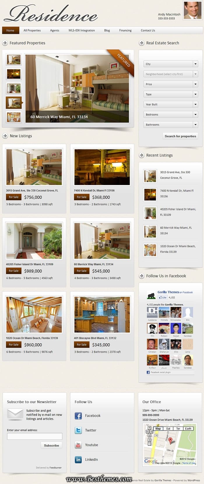 Download Residence WordPress Theme From Gorilla Themes, Multiple property search modules, 2 column layout