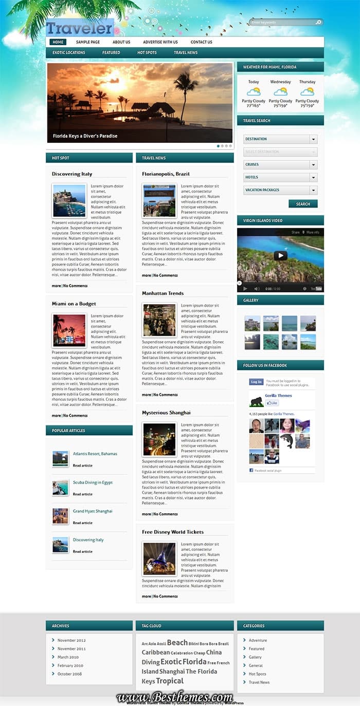 Travel WordPress Theme, Gorilla Themes, 5 Color Scheme, Filterable Search Module