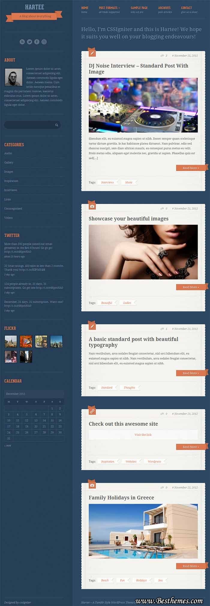 Hartee WordPress theme From CSSIginter, A tumblr style blog theme, Post format supported
