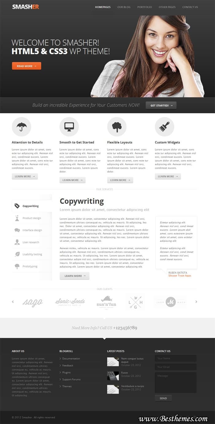 Smasher wordpress theme, Smasher premium wp theme, Smasher wp template, service showcase wordpress theme, content writer wordpress theme